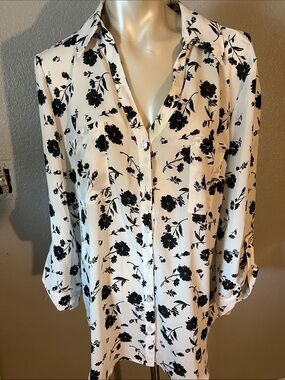 Women's Black Floral Button-Down Shirt - Elegant White Base